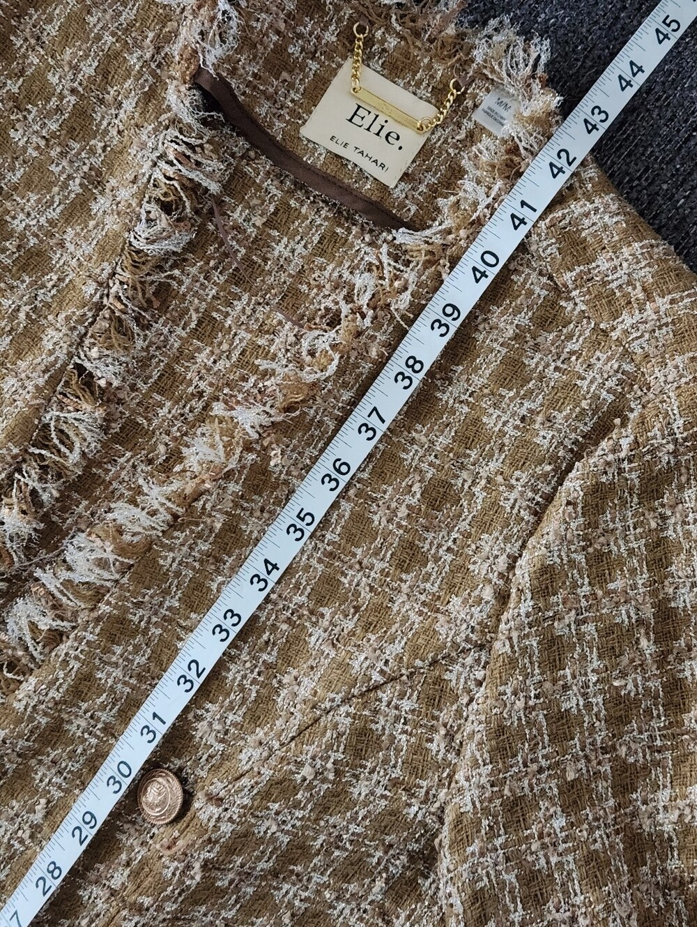 💛Elie Tahari💛 - Metallic Gold/Sparkle Desert Open Front Bouclé Tweed Jacket - Picture 15 of 16